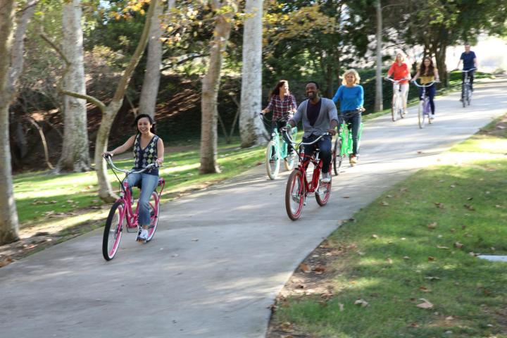 a group of people riding on the back of a bicycle